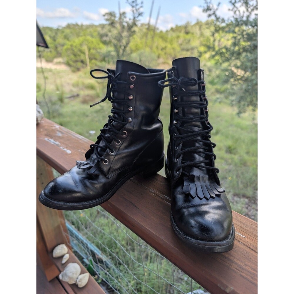 Justin Kiltie Black Leather womens 7.5 D Lace Up Western Boots USA Made VTG